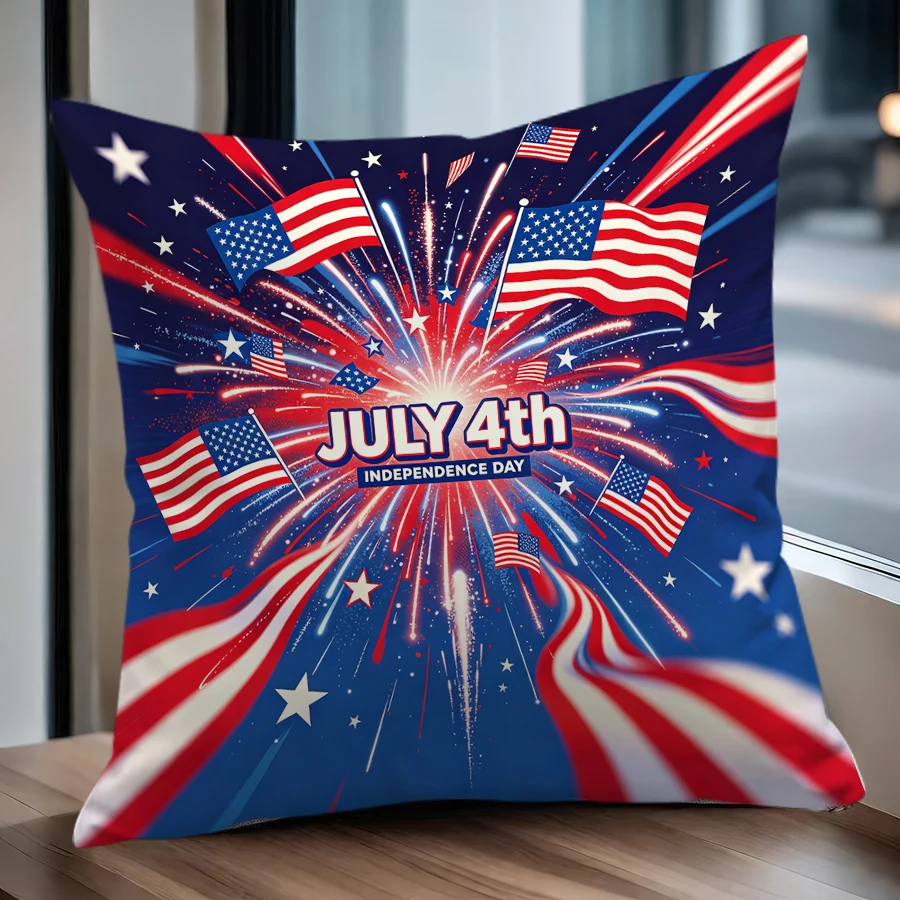 1PC Throw Pillow Cover,July 4th Firework American Flag Print,Patriotic Holiday Style,For Sofa Bedroom Couch Home Decor