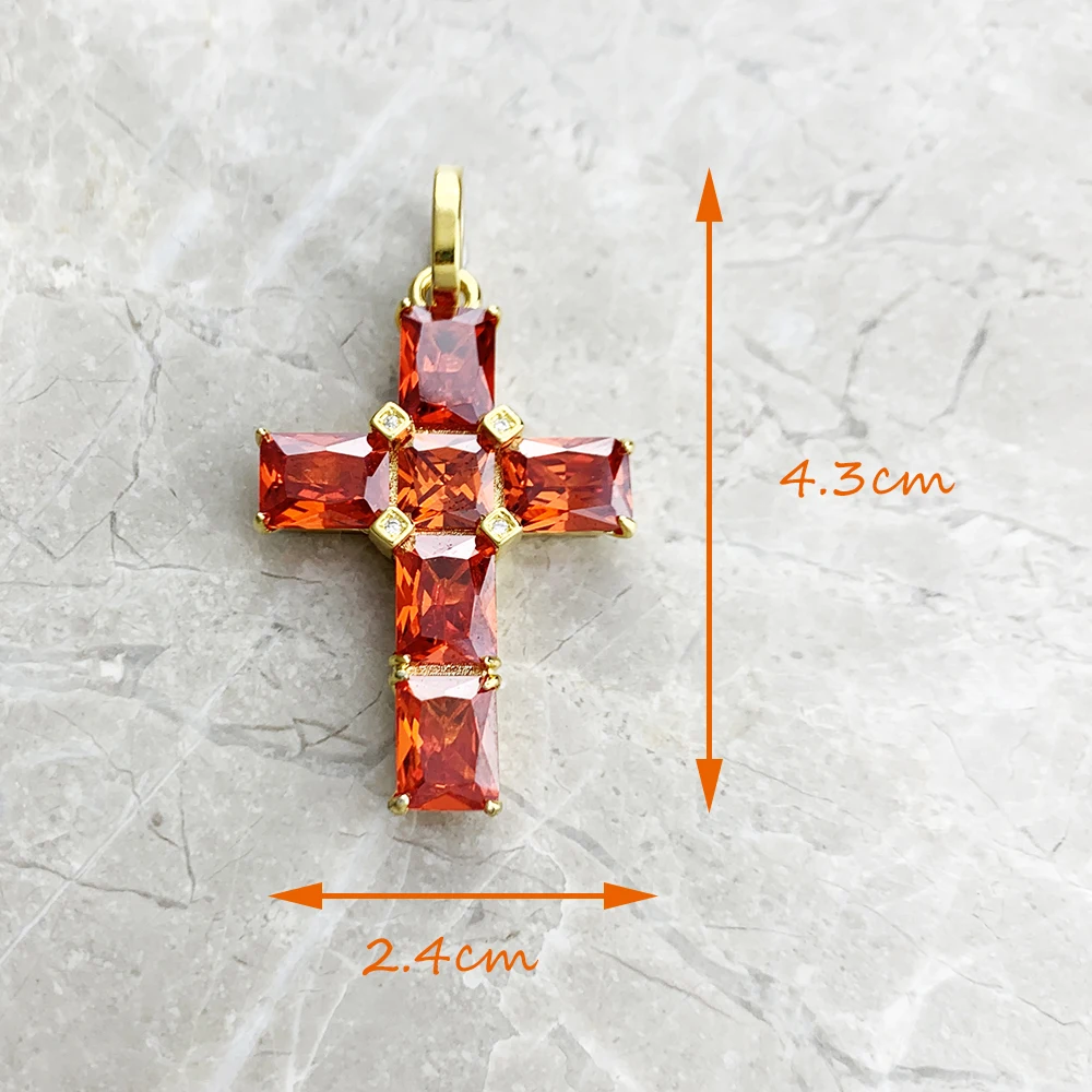 Golden Cross With Orange Stones Pendant Brand New Fine Jewelry Europe 925 Sterling Silver Accessories Gift For Woman