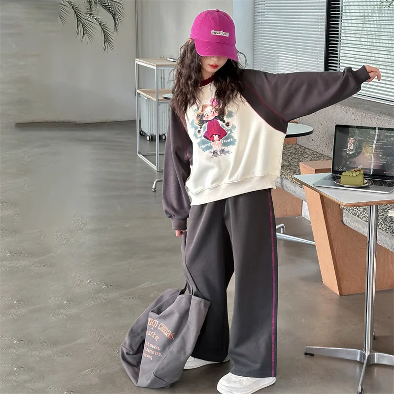 

2025 New Large Children's Western Style Leisure Small Girls' Splicing Hoodie Two Piece Set Spring And Autumn Edition