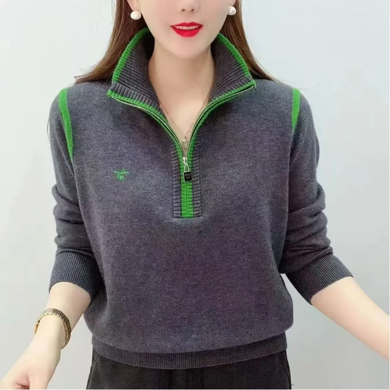 

Winter New Fashion Casual Half Turtleneck Zipper Sweater Slim Fit Contrast Color Pullover Sweater Top