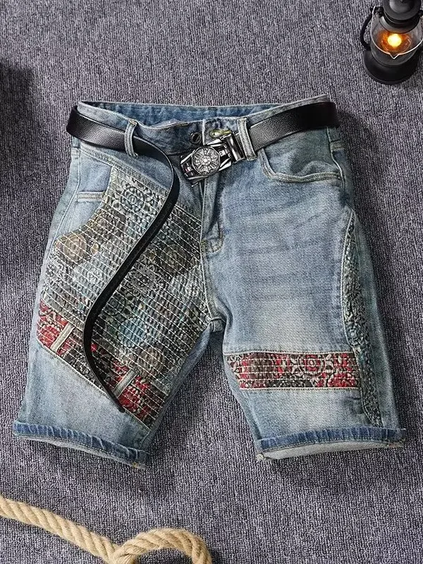 

Summer High-End Patchwork Denim orts Men's Trendy Elastic Slim Straight Korean Version Faion Casual Five-Quarter Mid-Pants