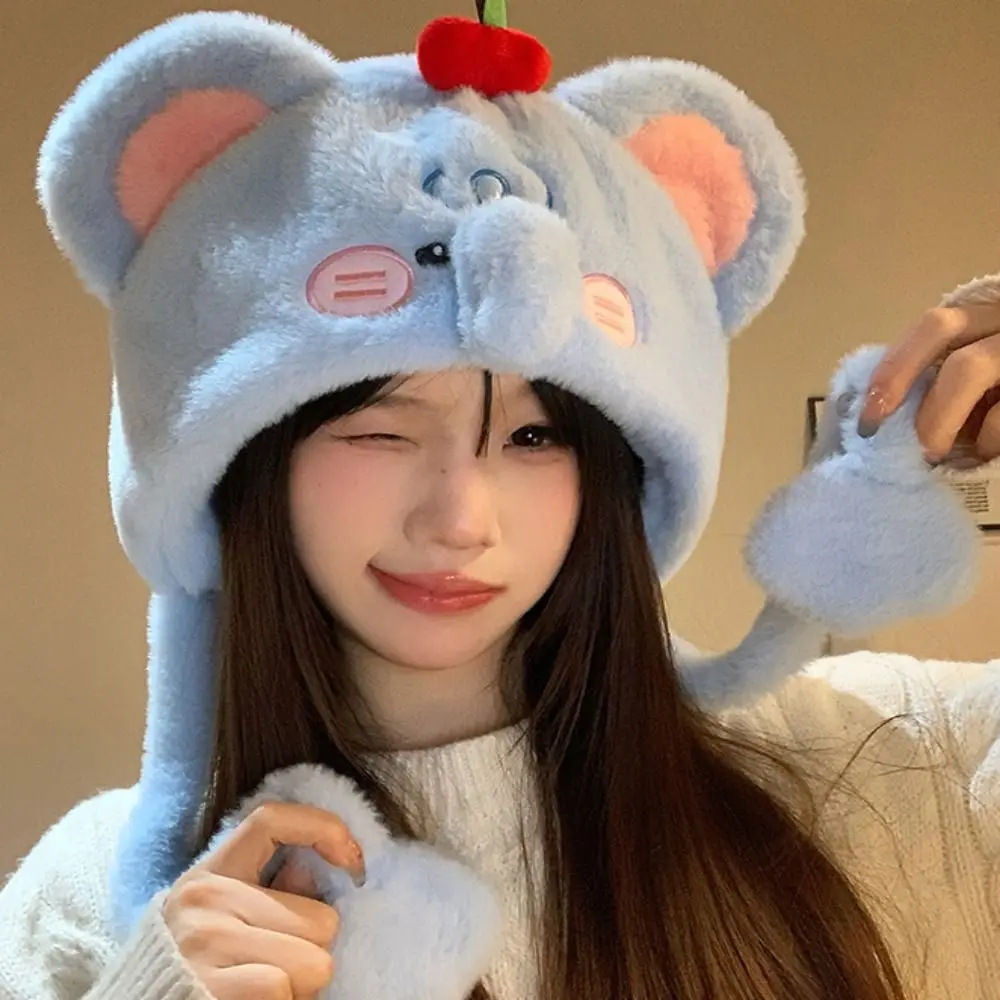 Urocza, puszysta czapka z uszami, gruba, wiatroodporna, utrzymująca ciepło, nakrycie głowy, czapka zimowa w kształcie owcy z kreskówki, modna czapka damska.