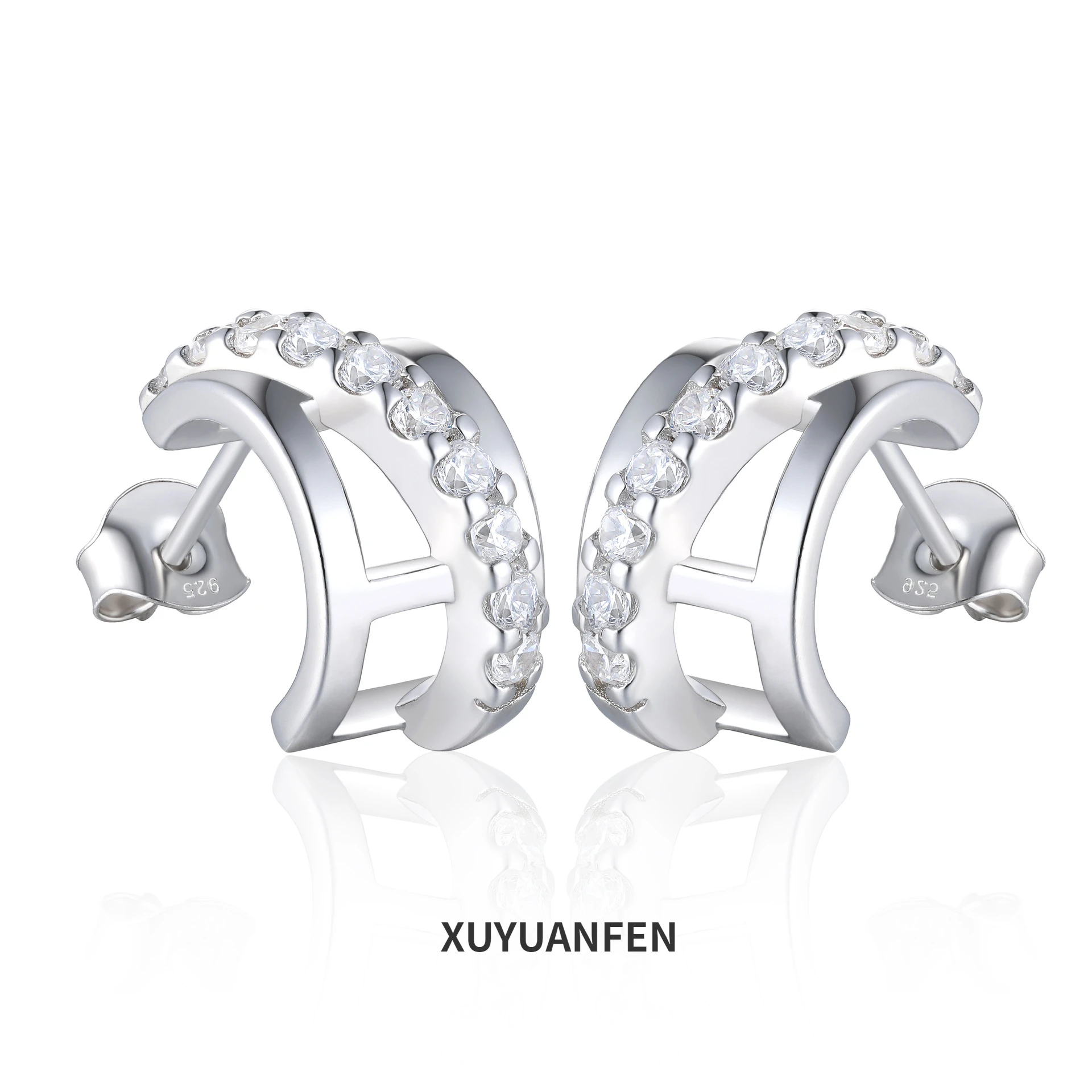 XUYUANFEN Zircon Pure Silver Curved Pure Silver EarringsLight Luxury Foreign Trade Hot Selling S925 Silver Earrings Women's High