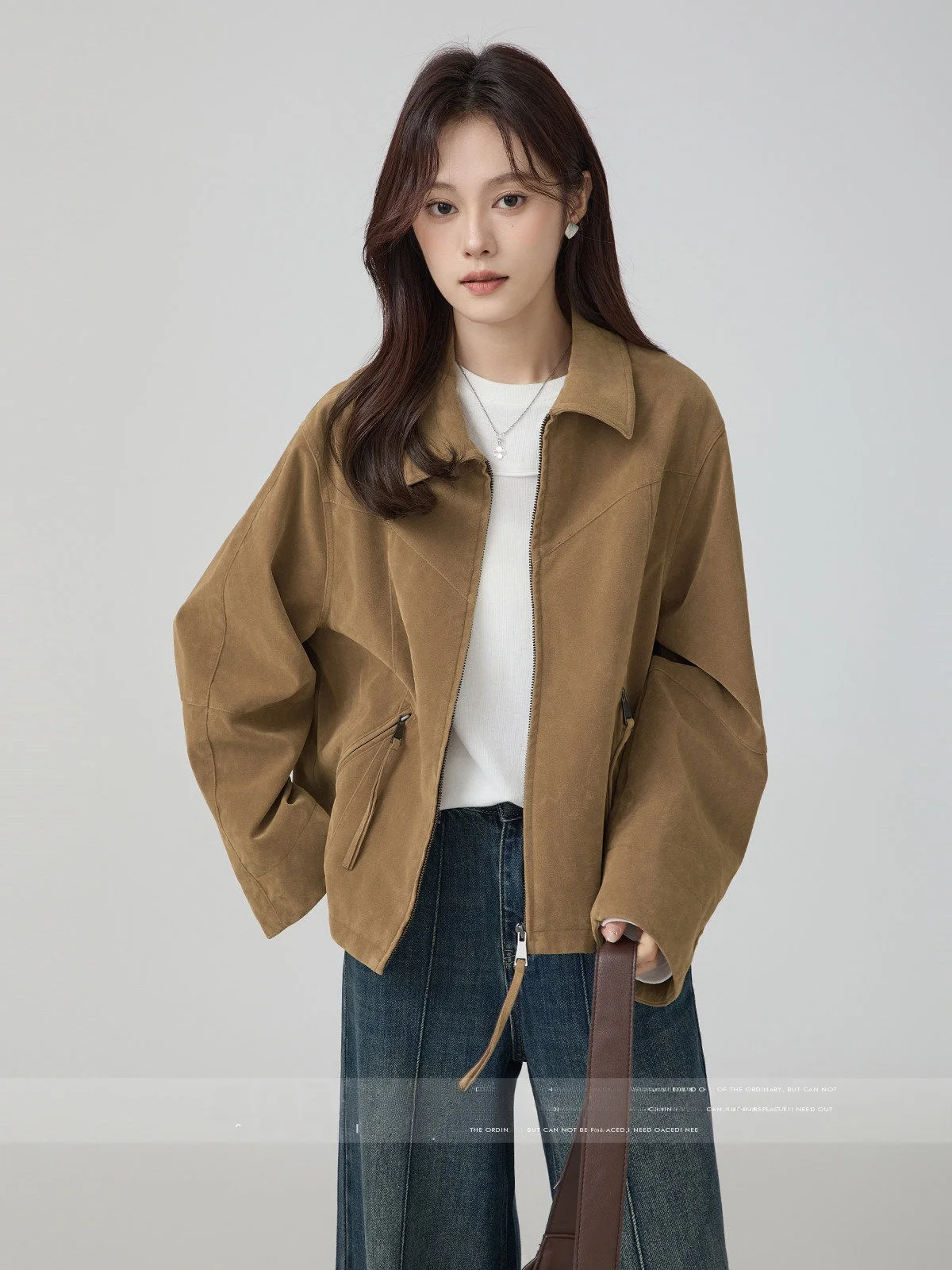 

MoZaic Women's Short Casual Long Sleeve Suede Jacket Deer Skin Velvet Outerwear Autumn New Style Zipper Closure Loose Fit Top