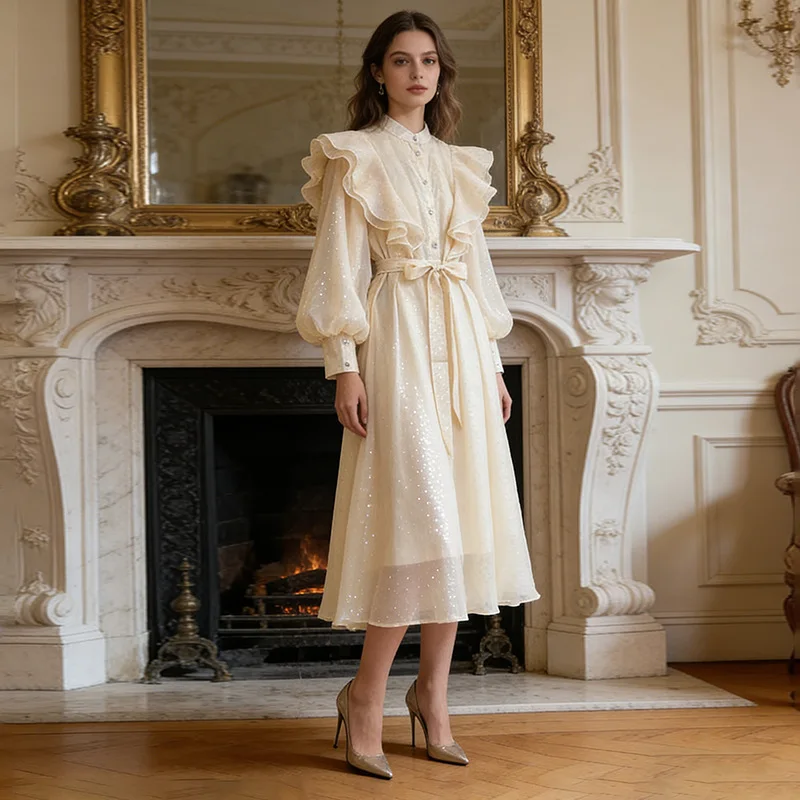 

Elegant Ruffle Diamond Sequin Dresses Spring Women Lantern Sleeve Big Swing Dress Autumn Female High Waist Knee Length Dress