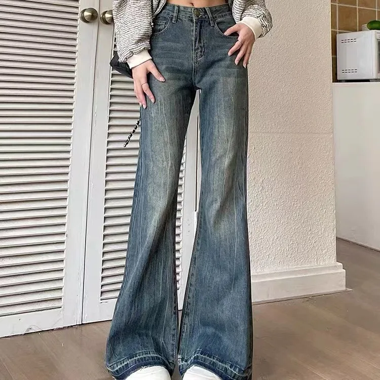 

Vintage high waist jeans women skinny flared pants new washed craft horseshoe pants fashionable baggy slouchy trousers