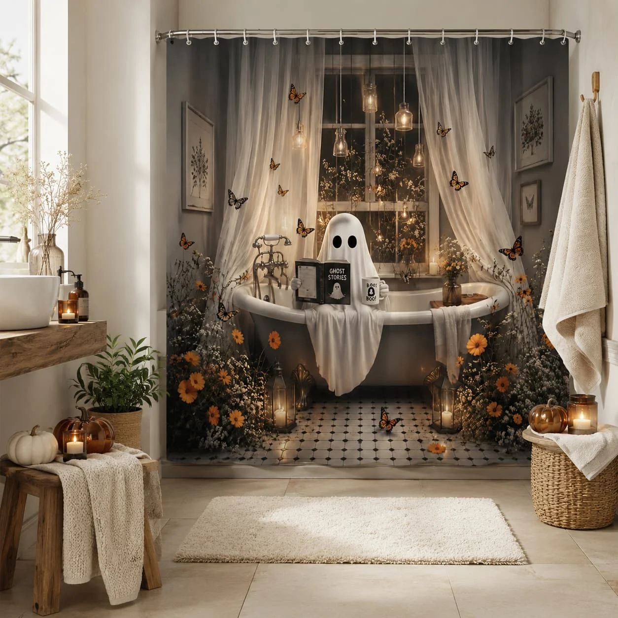 2D Flat, 1pc 2D Large-Sized Shower Curtain with Halloween Ghost Theme, Polyester Fabric Bathroom Decoration, Bathtub Partition Hanging Curtain 70.8X 70.8Inch with Horror Butterflies And Vintage Lanterns, Includes Hooks