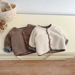 Coats Baby Winter 2023 Korean O-neck Long Sleeved Plush Thick Single Breasted Jacket with Warm Cotton Jacket on Both Sides