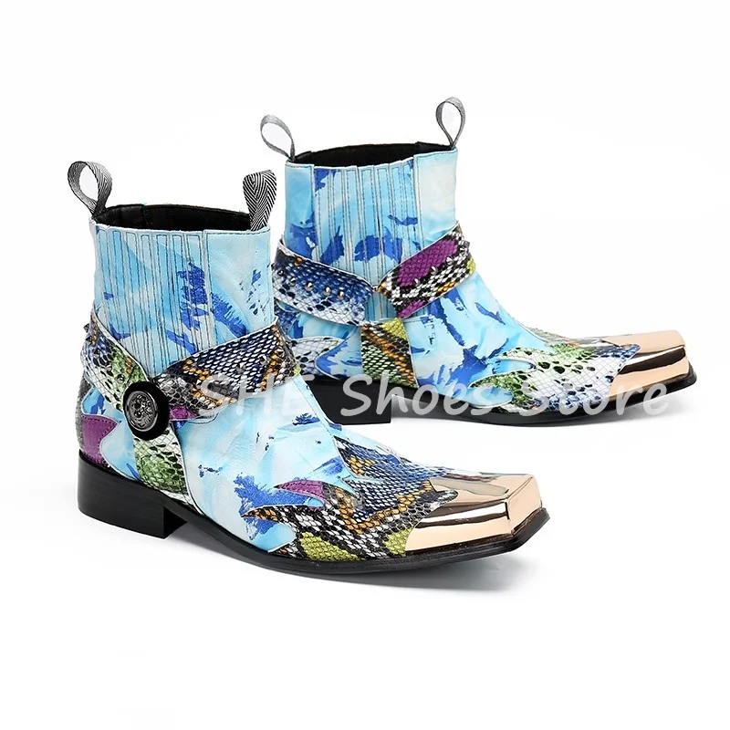 

Graffiti Mixed Color Snakeskin Pattern Splicing Leather Chelsea Boots for Men Fashion Metal Pointed Toe Slip-On Male Boots