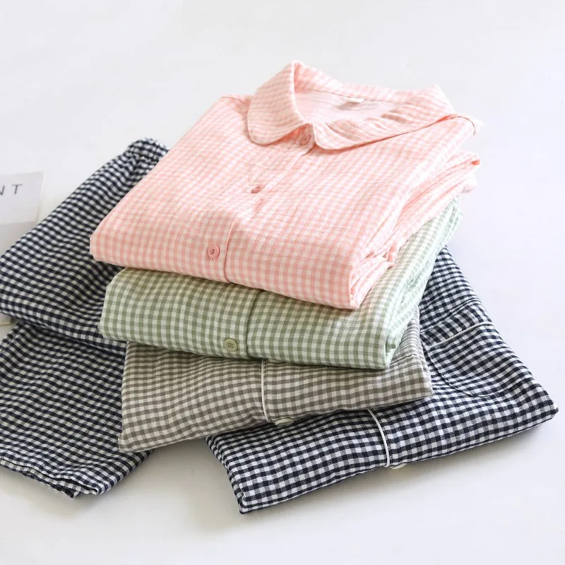 

Skin-Friendly Pure Cotton Gauze Couple's Pajamas, Soft Breathable Gingham Long Sleeve & Pants Set with Rounded Collar Loungewear