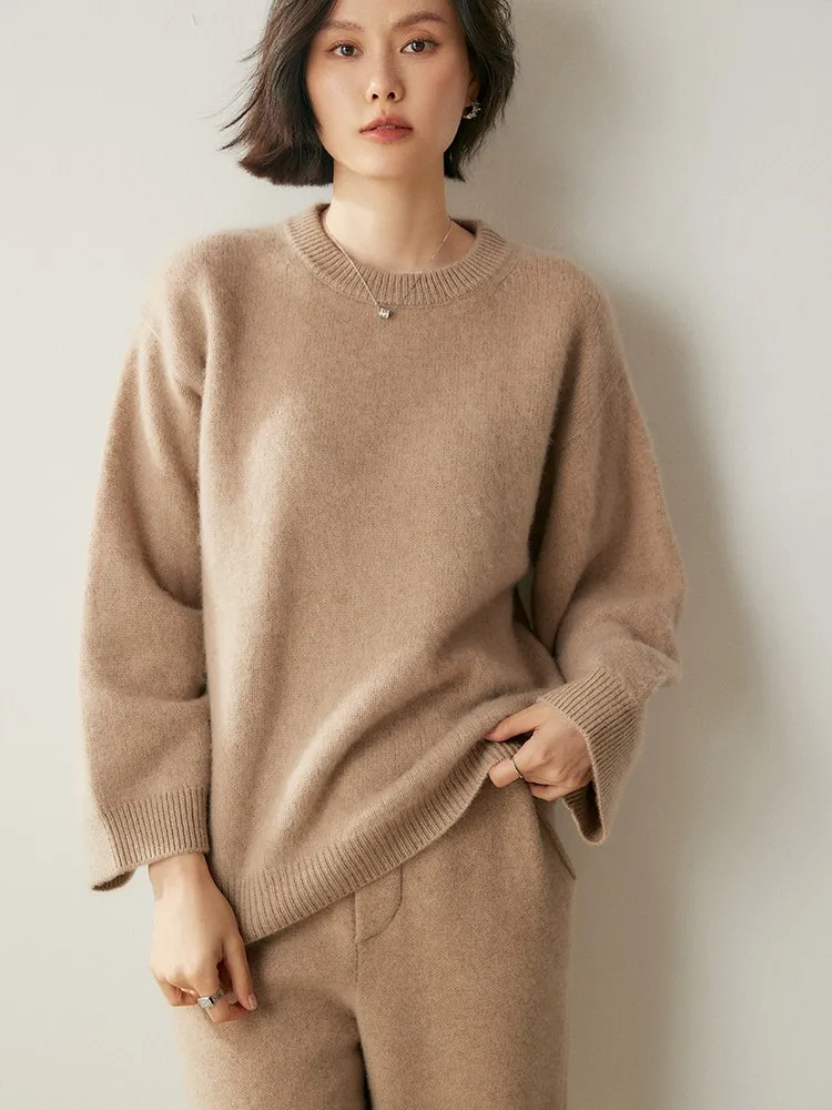 CHICUU Women 100% Cashmere Sweater O-neck Wide Sleeve Pullover Casual Simple Style Cashmere Knitwear Autumn Winter Clothing Tops