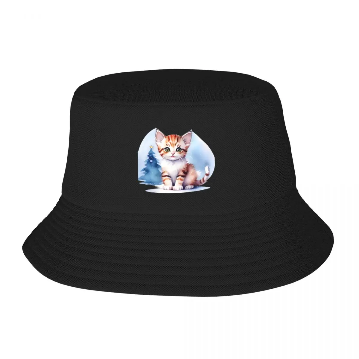 Meowy Christmas with a Cute Kitten by the Tree - Festive Cat Design! Bucket Hat Golf Mens Cap Women's