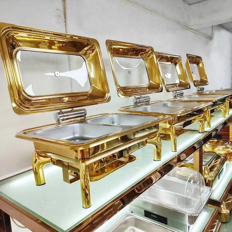 

Arabic Hotel 9L Round Gold Chafer Dish with Burners Pour Buffet Food Warmer Stainless Steel Chaffing Dishes for Catering
