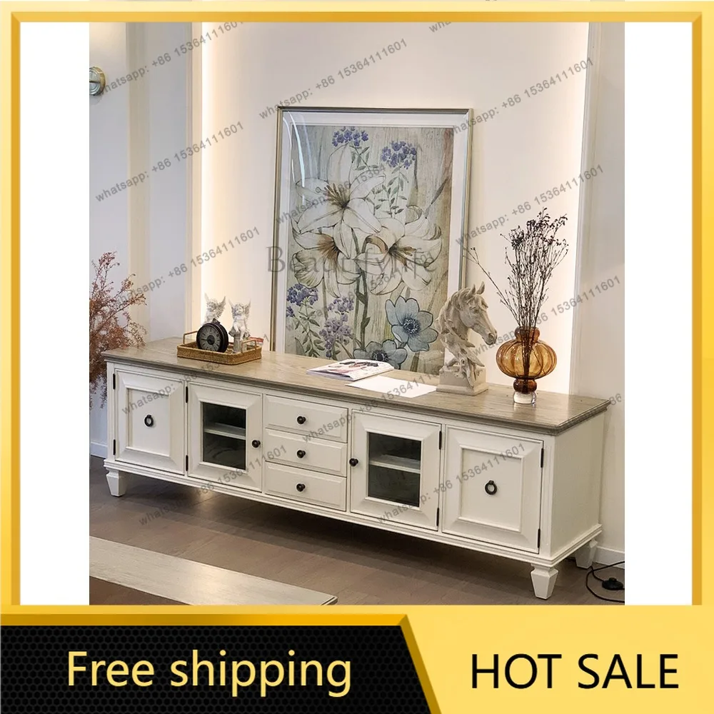 Hot American TV Cabinet Pure Solid Wood Cream White High Mediterranean Floor Cabinet