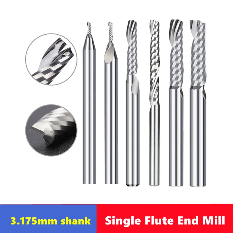 10 szt. Frez palcowy z pojedynczym rowkiem 3.175 （1/8”） spiralne frezy z chwytem do cięcia drewna/plastiku 1 frez CNC z rowkiem
