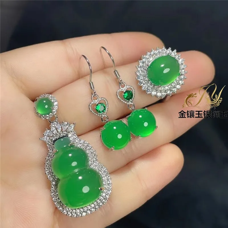 Natural Green Chalcedony Calabash Pendent Three-Piece Silver-Plated Pink Agate Jade Gourd Necklace Ring Earrings