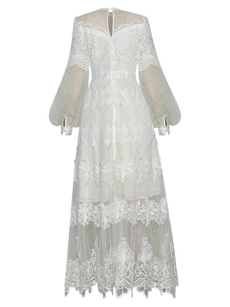 New Fashion Designer Spring Women's Lantern Sleeve Mesh Patchwork Embroidery White Plegant Party Dresses