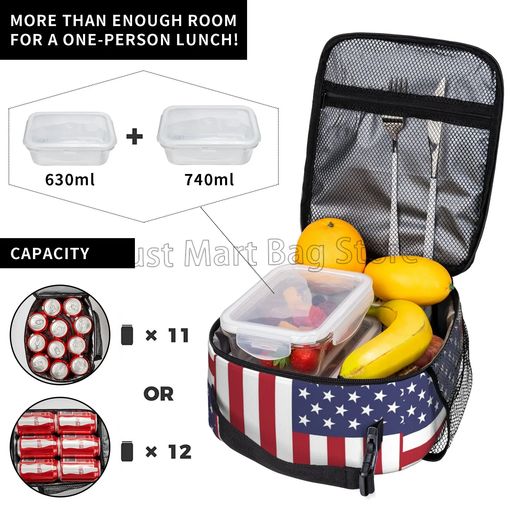 American USA Flag Print Lunch Bag for Women Kids Reusable Tote Bag Cooler Insulated Lunch Box for School Office Work Picnic