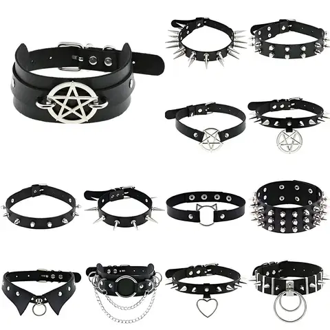 2022 Black Necklace Vintage Charm Gothic Spike Rivet Collar Pendant Leather Pentagram Harajuku Women Punk Choker Necklace