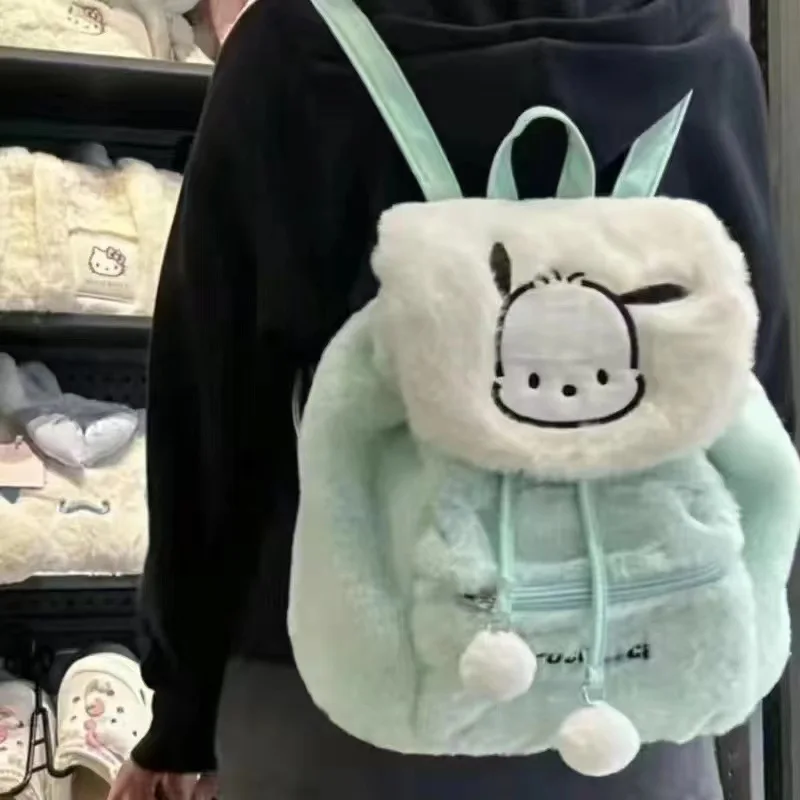 Sanrio Hello Kitty Melody Mochila de pelúcia para mulheres, bolsa de ombro macia, grande capacidade, tampa flip, bolsa de escola kawaii, presentes