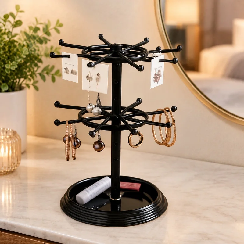 Rotating Jewelry Display Rack with Multiple Levels for Earrings, Necklaces, and Bracelets Storage