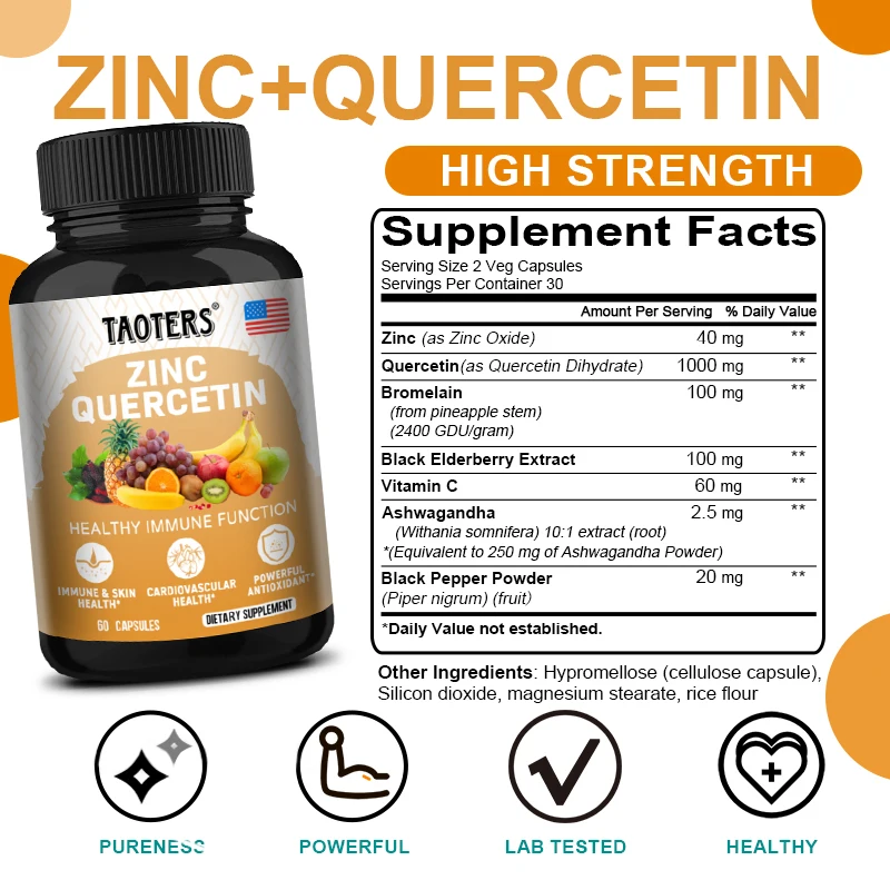 Quercetina con zinco e bromelina 1000 Mg Per porzione, 120 capsule vegetariane, antiossidante, cuore, pelle, supporto immunitario