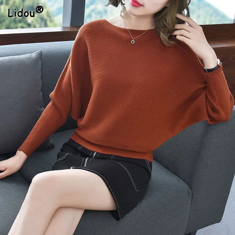 Multiple Colour Batwing Sleeve Women's Clothing Bright Colors Thick Slash Neck Knitting Pullovers Korean Screw Thread Sweaters