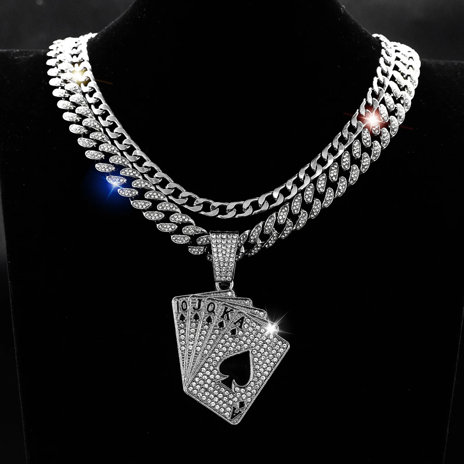 Fashion Double Layer Stacked Poker Card Pendant Necklace Full Diamond Hip Hop Cuban Link Chain Trendy Unisex Jewelry Gift for Me