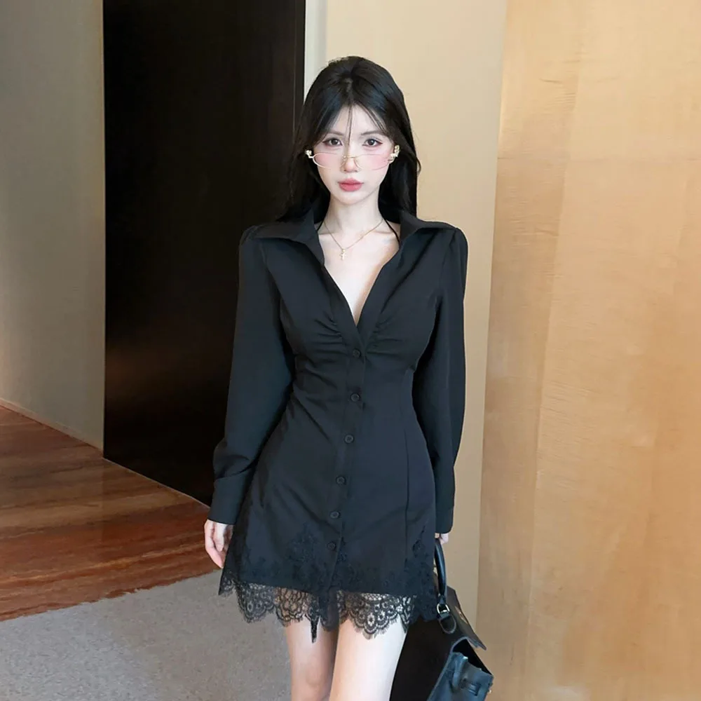 

Bla V-Ne Lace Splice Long Sve irt Dr Юбка Трикотажная юбка трапециевидной формы с низкой талией Sexy Sle Casual Par Повседневная одежда