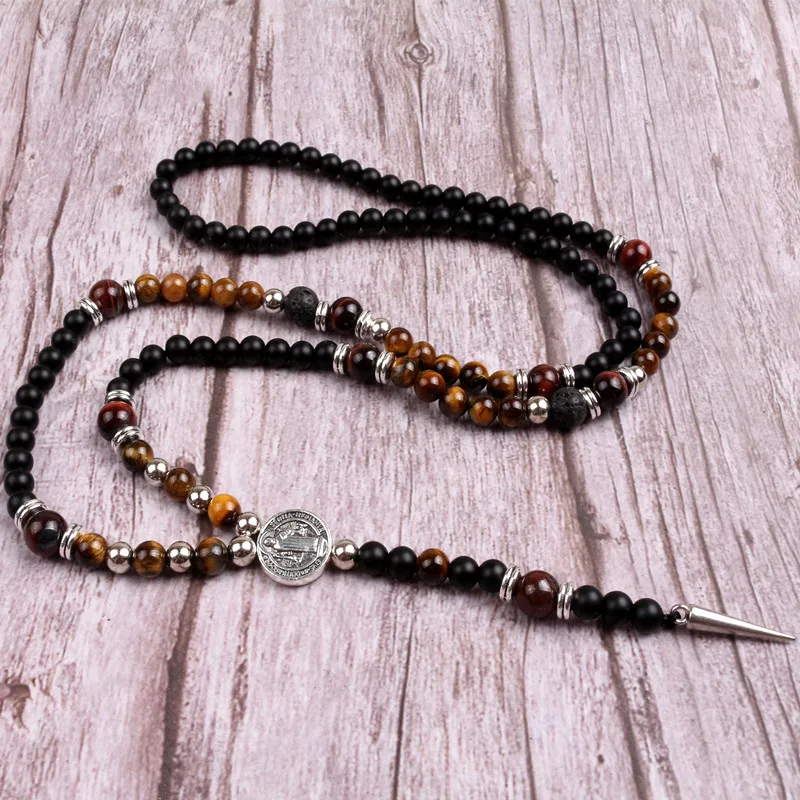 6mm Black Bead Tiger's eye Natural stone Long Necklace For Men