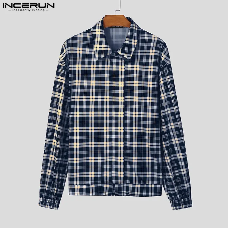 INCERUN Tops 2025, koreanischer Stil, modisch, für Herren, kariertes Silhouett-Design, Hemden, lässige Streetwear, heißer Verkauf, langärmelige Reversbluse