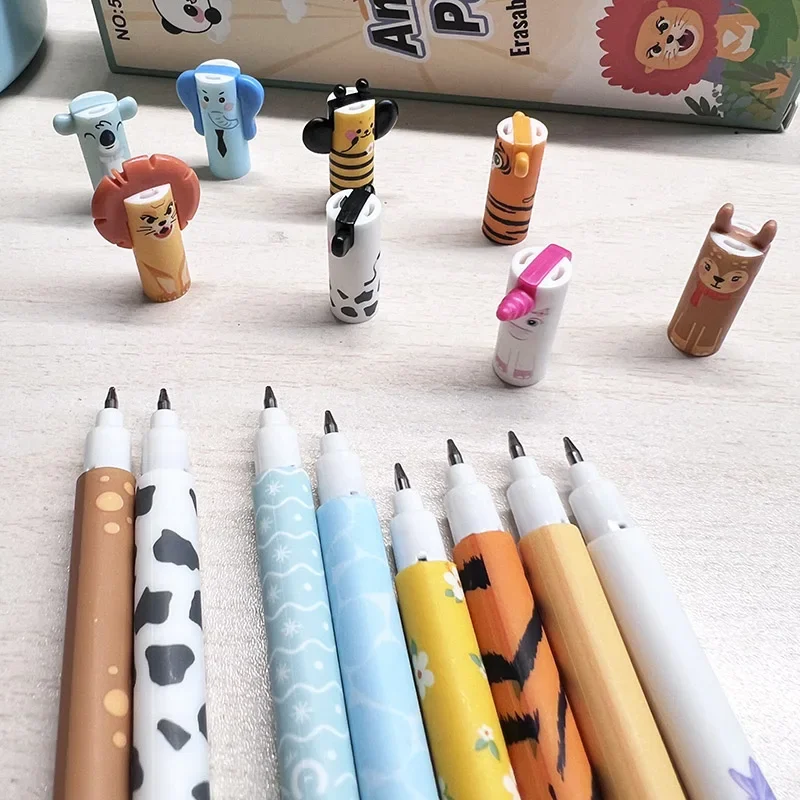 12 verschiedene Stile Niedlicher Tier-Motorstift 0,7mm Blaue Tinte Gelstift Löwe Elefant Einhorn Kugelschreiber mit Radierfunktion für die Schule – Detail 6
