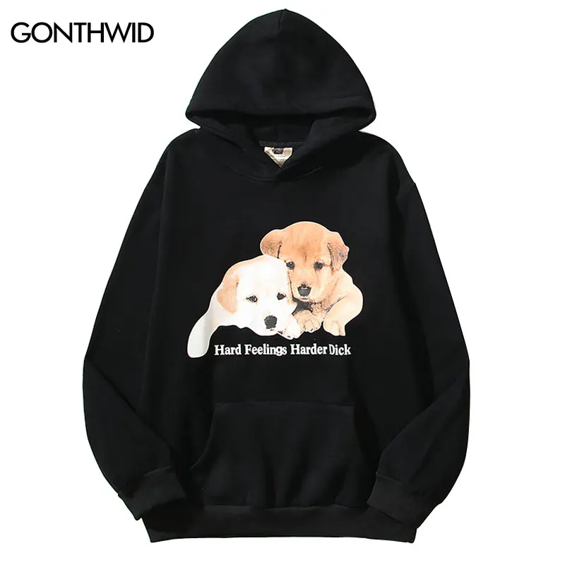 

Harajuku Hoodie Streetwear Hip Hop Sad Dog Graphic Print Fleece Hooded Sweatshirt 2023 Fashion Casua Loose Pullover Tops Black
