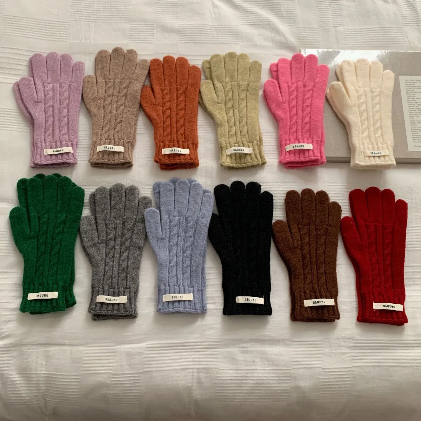 Gants coréens en laine avec écran tactile pour femme, mitaines de cyclisme en plein air, étiquette solide, froid vert, doigts complets, hiver