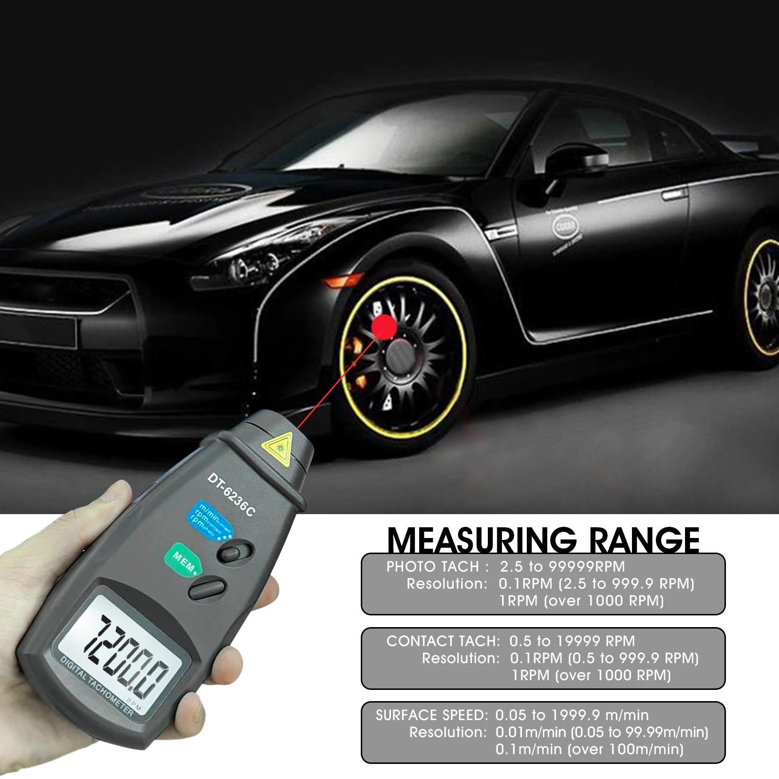 Digital Tachometer, Noncontact Laser Photo Sensor with 2.5 to 99,999 RPM Accuracy, RPM Gauge Marker with Batteries Included