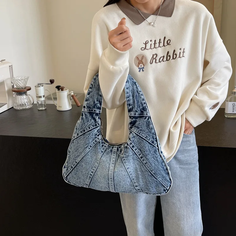 Large-capacity denim patchwork women's single-shoulder bag and simple dumpling-shaped hand-held women's bag