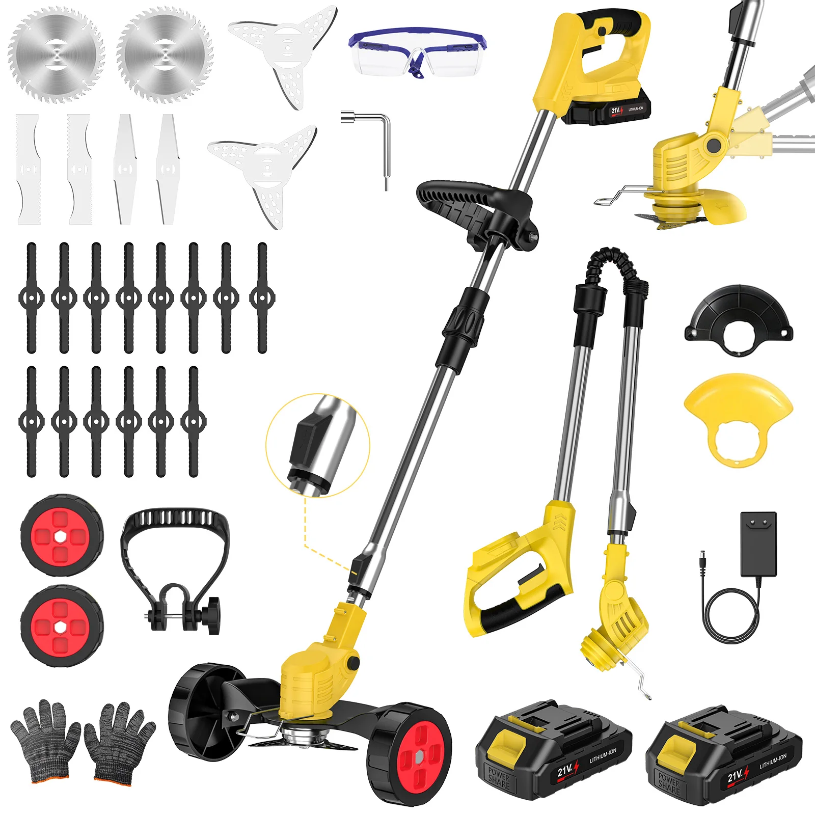 21V Akku-Rasentrimmer Freischneider mit 2 wiederaufladbaren Akkus, tragbarer elektrischer Rasenmäher mit verstellbarem Griff, leichter Unkrautschneider für Garten, Hof, Rasenkanten und