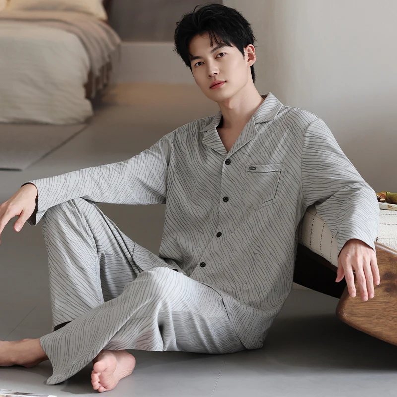 

Высококачественный мужской пижамный комплект больших размеров L-3XL для весны и осени, 100% хлопок, с отложным воротником
