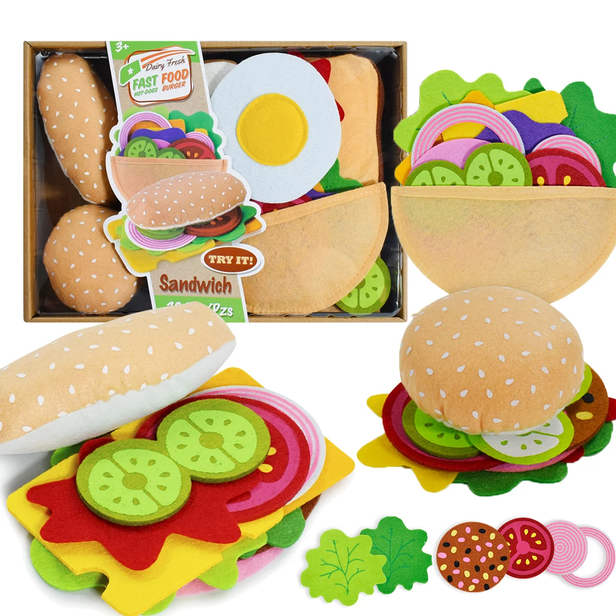 28PCS Felt  Combination Kitchen Food Toy Set Soft Hamburger Sandwich for Kids House Pretend Play Kitchen Toys Chirstmas Gifts