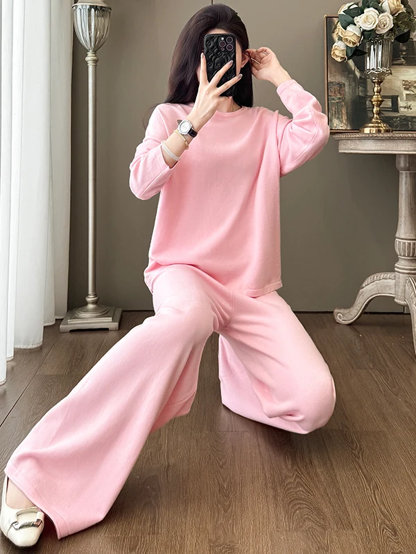 Salt Series Casual Sportswear Set Women's Autumn Fashion Anti-Aging Pink Long Sleeve Top Wide Leg Pants Two-Piece Set