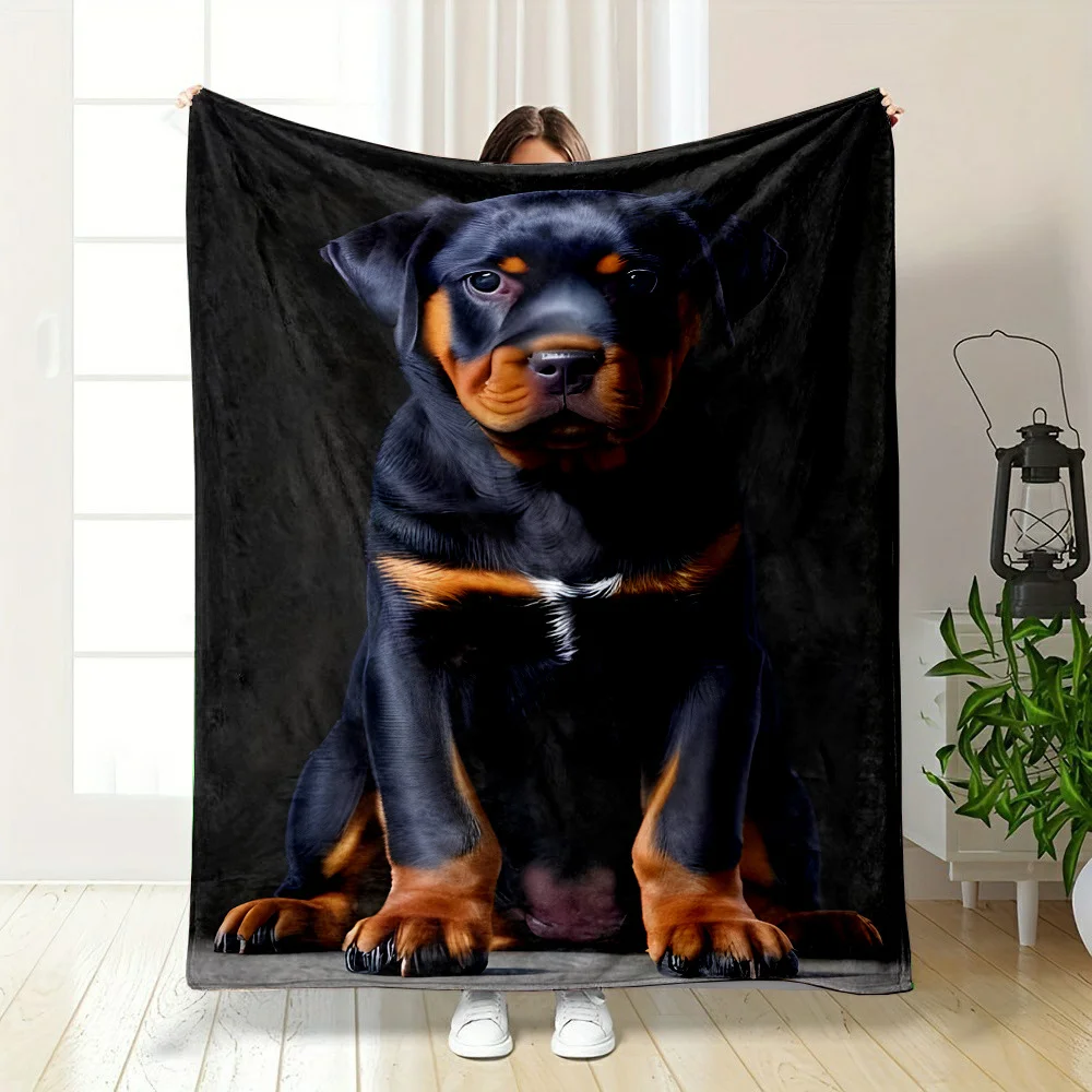 Contemporary Reversible Rottweiler Dog Print Flannel Throw Blanket, Cartoon Themed, All-Season Polyester, Lightweight