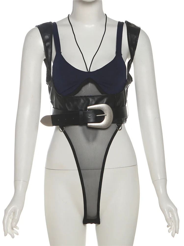 Nibber مهرجان الموسيقى وهمية 2 قطعة المرقعة ارتداءها المرأة مثير الصدر ملفوفة شبكة بولي PU واسعة حزام منتصف الليل كلوبوير القمم #6