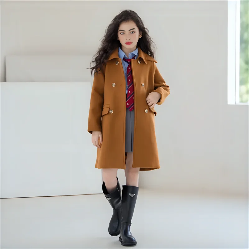 Teenage Girls Woolen Coats Mid-length Caramel Color Casual Fashion Children's Jacket Autumn Winter College Style Kids Outerwear