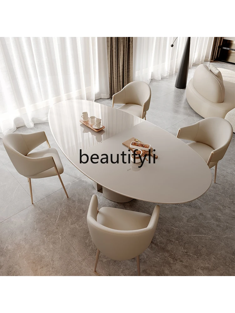 

Light luxury dining table and chairs red paint high-end Italian minimalist dining table special-shaped irregular