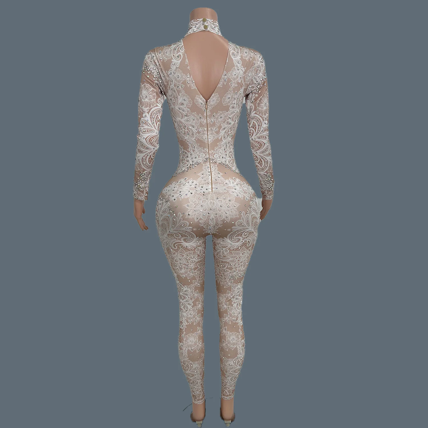 Sparkly Rhinestone Spandex Printing Jumpsuit Women Sexy Birthday Party Tight Fitting Jumpsuit gig Dance Performance Wear Xiaobai