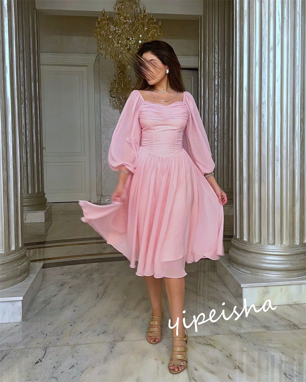 Ball Dress Saudi Arabia Prom Chiffon Ruffles Clubbing A-line Square Neck Bespoke Occasion Gown Knee Length Dresses