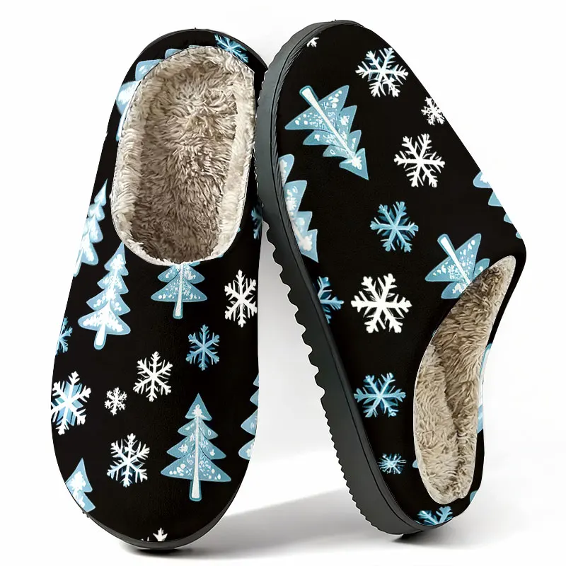 Christmas Tree Snow Print Women's Winter Warm Plush Slippers Fuzzy Fleece House Slippers Indoor Shoes view 4