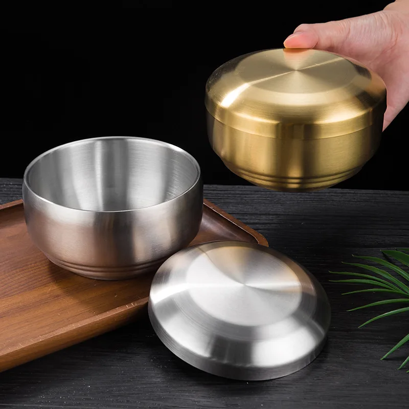 304 Stainless Steel Thicken Rice Bowl with Lid Double Layer Anti-Scalding Soup Ramen Bowls Food Container for Kitchen Tableware