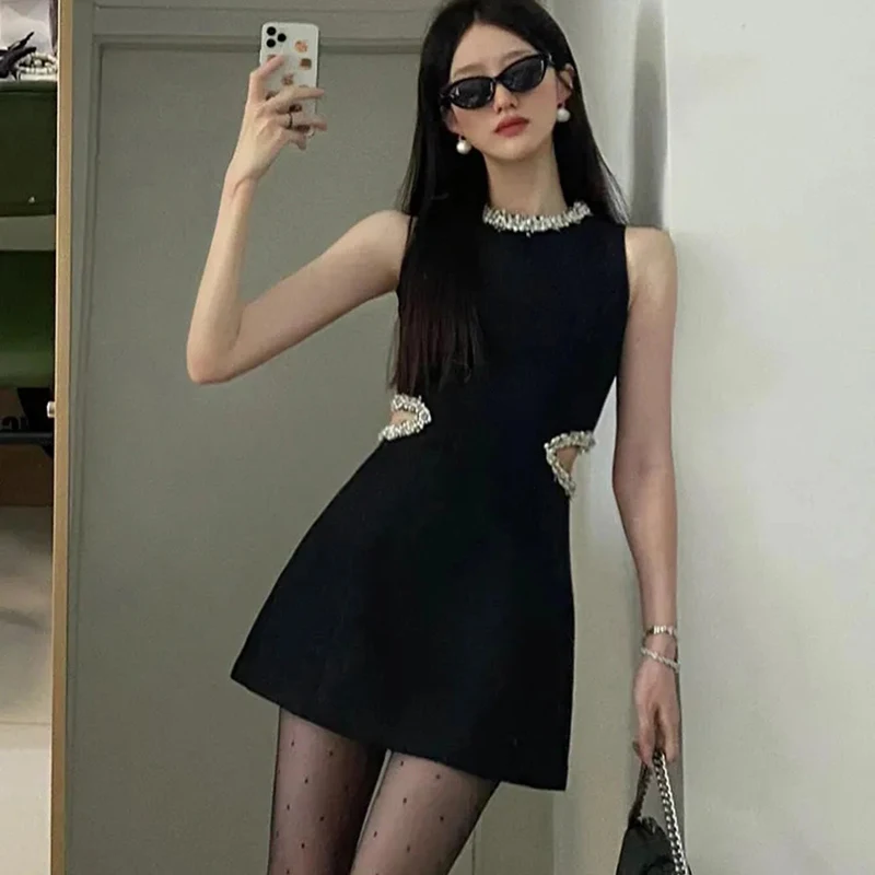 Kralen Borduren O Hals Jurk Vrouwen Zwart Sexy Slanke Mouwloze Klassieke Jurk Premium Werkkleding Elegantie Uitgesneden Vestidos