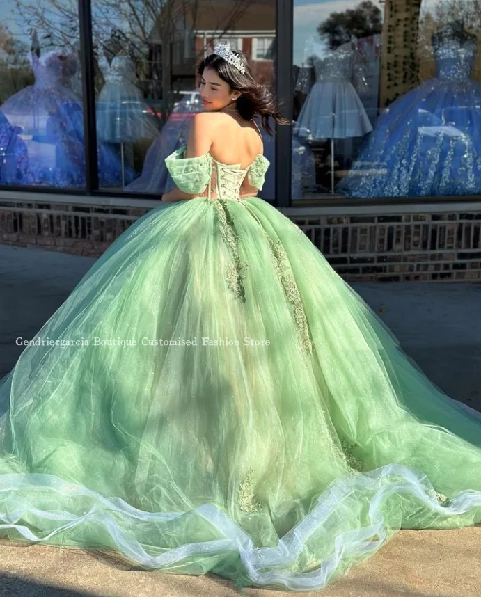 Vestidos de Quinceañera de princesa verde fruta, corsé transparente de un hombro, Apliques de encaje con cuentas, vestido de graduación, 2024